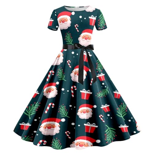 Weihnachtskleid für Damen, mittellang, kurzärmlig, Weihnachtskleid, bedruckt, Weihnachtsmann, schickes und glamouröses Kleid, große Größe,...