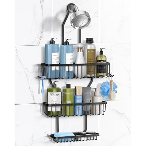 Shower Caddy Hanging – Never Rust Shower Hanging Organizer – Aluminum Over the ShowerHead Caddy with Soap Basket and 6 Hooks for Razor/Sponge (Black)