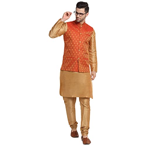 Image of KRAFT INDIA Mens Gold Silk Blend Kurta and Churidar Set With Jacquard Paisley Nehru Jacket