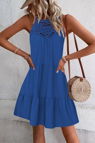 Image of Wkior Womens Summer Dresses 2025 Casual Halter Sleeveless Flowy Mini Dress Tiered Pleated Beach Sundress