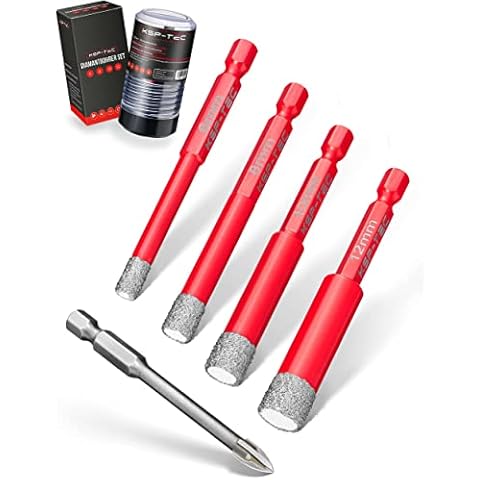 KSP-TEC® | Fliesenbohrer Set - 6,8,10,12mm | zum Bohren von Fliesen, Glas, Marmor, Granit uvm. - Keramikbohrer für harte Fliesen | verpackt in einer praktischen Drehbox (Diamant Bohrer Set 5tlg.) Cover
