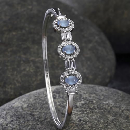 Image of ZENEME Rhodium-Plated Oval Shape American Diamond Studded Handmade Kada Bracelet For Girls and Women