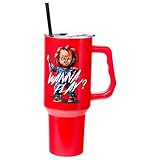 Silver Buffalo Chucky Wanna Play Double Walled Stainless Steel Tumbler with Handle and Straw, Fits in Standard Cup Holder, 40 Ounces