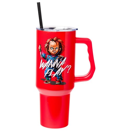 Silver Buffalo Chucky Wanna Play Double Walled Stainless Steel Tumbler with Handle and Straw, Fits in Standard Cup Holder, 40 Ounces