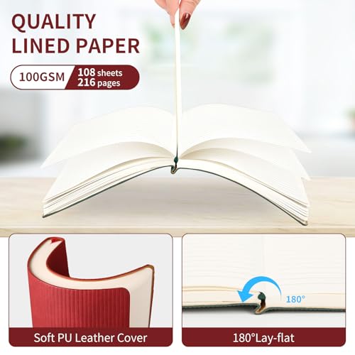 Image of A5 Lined Notebook with Pen & Gift Box 216 Pages PU Leather Journals for Women Men 100GSM Thick Paper College Ruled Notebook for Christmas Gifts,School,Travel,Business,Work,Home Writing (Red)
