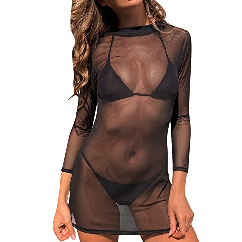 Durchsichtiges Blusenkleid Sexy für Damen Schwarz Kleid Minirock mit Langen Ärmeln Bikini Cover Up Halbtransparentes Feines Netz Rundhalsausschnitt...