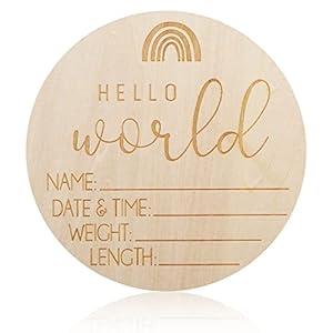 AIEX Wooden Baby Announcement Sign – Round Newborn Welcome Hello World Sign for Girl Boy Photo Prop, Shower, Nursery, Hospital