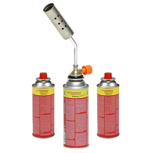 ROTHENBERGER Industrial Schrumpfbrenner 1300 °C mit 3 x RoButan Gaskartusche 393 ml | Gasbrenner Lötbrenner Schweißbrenner Bunsenbrenner Abflammgerät einstellbare Flamme