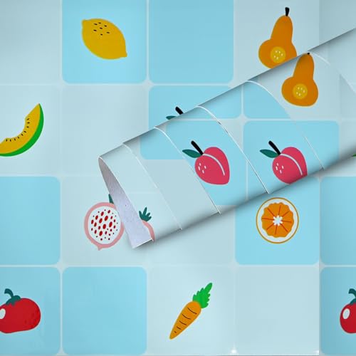 Image of SARVATRAY Self-Adhesive Wallpaper, Kitchen Stickers Oil Proof Heat Resistant, Wall Stickers for Kitchen, Wallpaper for Wall, Vinyl Sheet, Kitchen Wall 2 X 6.5 SQ FT (2 M Fruit Theme Blue WS)