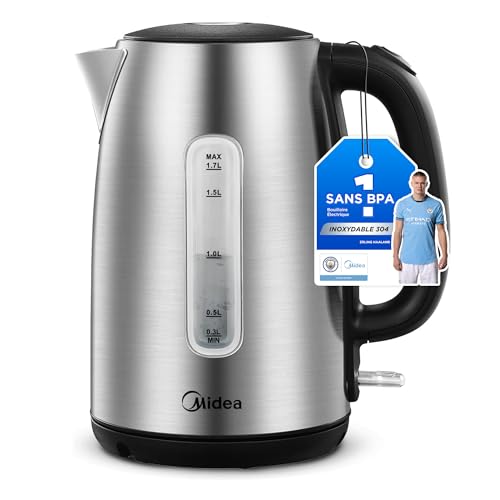 Midea Hervidor de Agua Eléctrico 1,7L, Acero Inoxidable Kettle Libre de BPA con Base 360°, 2200 W, Indicador del Nivel de Agua, indicador LED y Protección Contra
