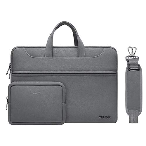 MOSISO PU Leather Waterproof Laptop Shoulder Bag Compatible with MacBook Pro Air 13 inch, 13-13.3 inch Notebook Computer, Briefcase Sleeve with Small Case & Front Zipper Pocket & Trolley Belt, Gray