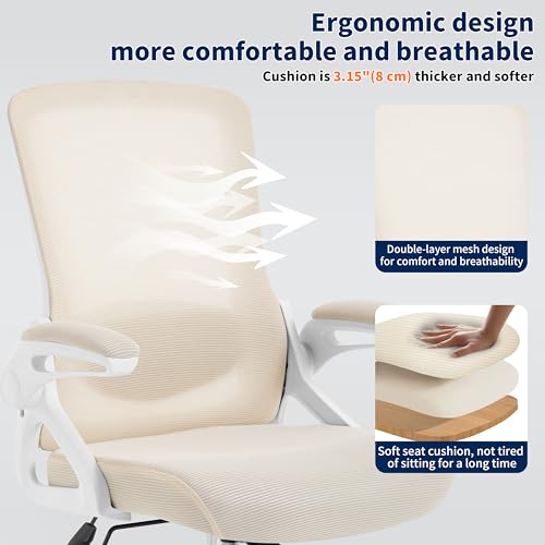 Image of Ergonomic Office Chair, Desk Chair with Adjustable Lumbar Support, Breathable Mesh Comfy Computer Chairs with Flip-up Armrests Executive Task Chair for Adults Home Office (Buff Beige)