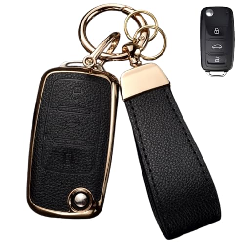 WiiLemz Key Fob Cover for Volkswagen with Keychain, Upper Leather + Soft TPU Key Cover Case Shell for VW Jetta Beetle Tiguan Passat Golf MK6 Polo Folding Flip 3 Buttons (Black) by WiiLemz - Used condition - US$16.92