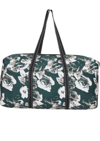 Floral Print Duffel Bag, Dark Green and White Rose Pattern, Large Travel Weekender Tote with Black Handles-image-33