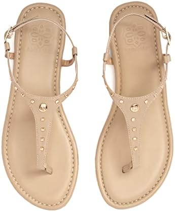 Cambiami Tan Leather Womens Sandals — Flat Tan Sandal with Interchangeable Pyramid Studded Leather Strap Dressy Summer Flats Women's Sandals with Arch Support Cute & Comfortable Shoes for Women
