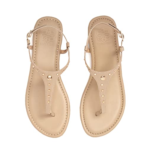 Cambiami Tan Leather Womens Sandals — Flat Tan Sandal With Interchangeable Pyramid Studded Leather Strap Dressy Summer Flats Women's Sandals With Arch Support Cute & Comfortable Shoes For Women #TOP1