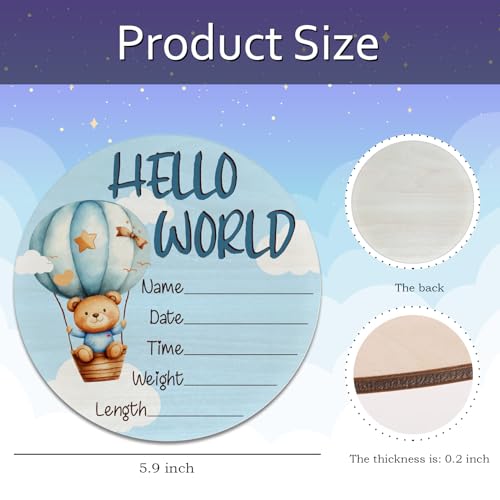 Image of Blue Bear Baby Announcement Sign, Wooden Nursery Birth Name Plaque 6in | Blue Bear & Hot Air Balloon Themed Wooden Name Sign for Newborn Announcement, Nursery Decor, Baby Shower Gifts