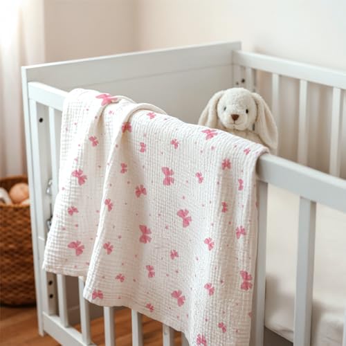 Image of SANDJEST Bow Minky Muslin & Dotted Blanket 30x40 in Gift for Holiday, Gender Reveal Party, Hospital Visit, Baptism