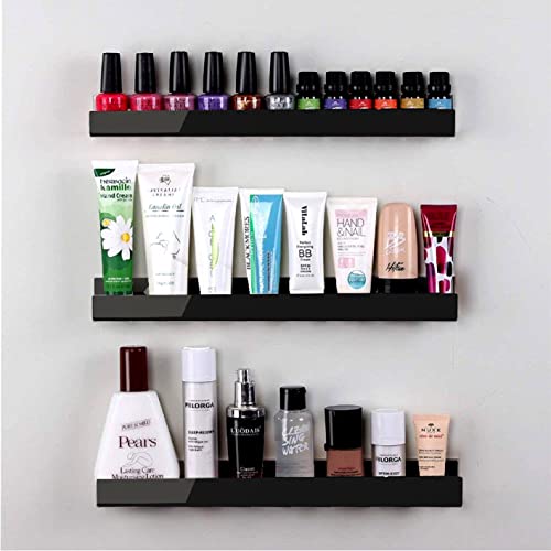 Image of 4 Pack 15 Inch Black Acrylic Floating Wall Shelves, Kids Bookshelf | Modern Display Shelf for Nail Polish, Sunglasses, Oils, Pictures & Toys