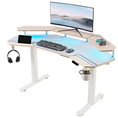 EUREKA ERGONOMIC Standing Desk,63" Electric Adjustable Height Computer Desk,Wing Shaped Music Studio Desk, LED Monitor Stands, Dual Motor&Slot, Maple