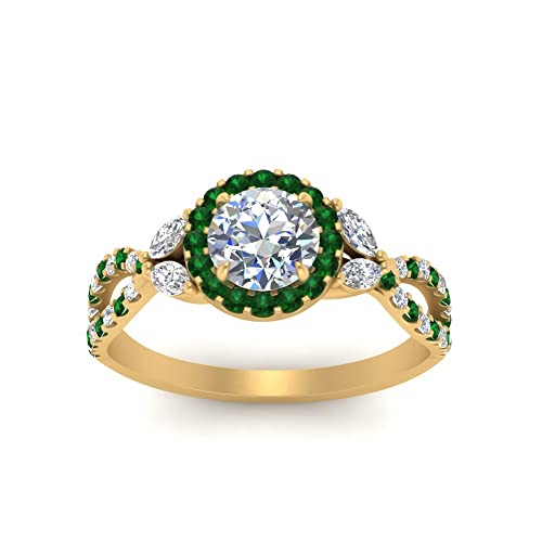 Image of Choose Your Gemstone Floral Split Shank Halo Engagement Ring Yellow Gold Plated Round Shape Split Shank Engagement Ring Lightweight Office Wear Everyday Gift Jewelry US Size 4 to 12