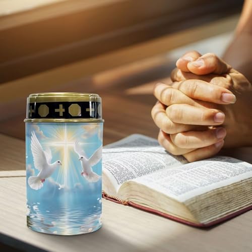 Image of Poceacles Dove of Peace Cross Daisy Print Blue Solar Lights Outdoor Waterproof Cemetery Solar Outdoor Candle Grave Decoration Votive Candles Blessed Lights for Loss of Loves One, 2 Pieces