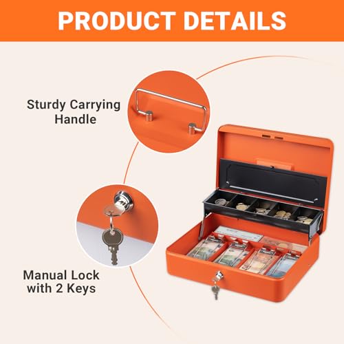 Tera Anti-Diebstahl-Geldkassette - mit schwerem Geldfach und Schlüsselschloss 4 Scheine 5 Münzen-Innenfach 30x24x9cm Großer Safe für kleine Unternehmen, Flohmärkte und zu Hause KL380 Orange