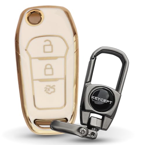 Image of KEYCEPT Gold Line TPU Key Cover Compatible for Ford Figo | Aspire | Endeavour | 3 Button Flip Key with Keychain. (Type 2, White)