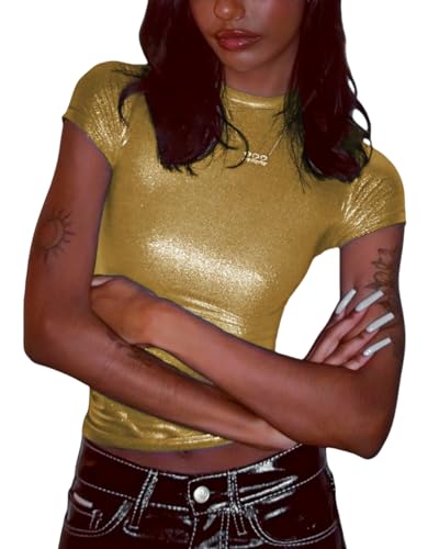 Image of Women's Shiny Metallic Short Sleeve T Shirt Sexy Mock Neck Slim Crop Top Party Disco Club Tees