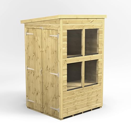 Image of Powersheds High Grade Pressure Treated Pent Potting Greenhouse Wooden Shed with Double Doors, Security Features, Heavy Duty Frame, Galvanised Ironmongery, Made from Extra Thick Timber (4x4)