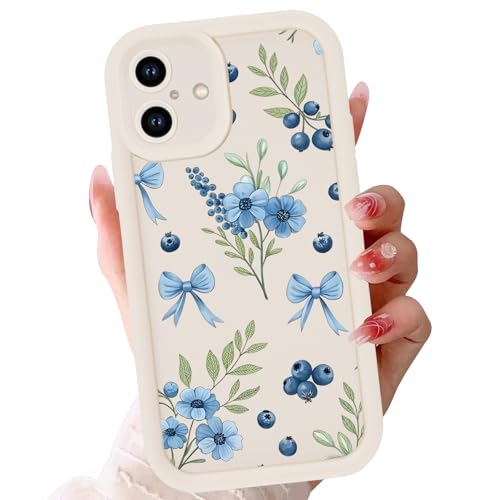 Yomjew Blue Blueberry Fruit Phone Case for iPhone 17 6,3", Cute Bow Ribbon Pattern Print Design for Women Girls, Aesthetic Bows Shockproof Full Camera Protection TPU Bumper Cover, Stylish