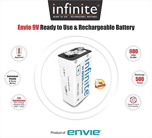Image of ENVIE (ECR20+AA2800 4PL) Charger for AA & AAA Rechargeable Batteries & Infinite 9V 800 maH Li-ion Rechargeable Battery ERB 9V MU