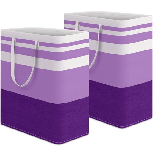 HomeHacks 2 Pack Large Laundry Baskets, Waterproof, Freestanding Laundry Hampers, Collapsible Clothes Hamper with Reinforced Handles in Laundry, College Dorm, Bathroom, Bedroom (Purple, 100Lx2)