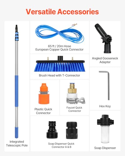 VEVOR Teleskop Waschbürste mit Teleskopstiel, 6 m Lange Teleskopstange mit ausziehbarem Griff, 180° drehbarem Bürstenkopf & 20 m Schlauch, für den Haushalt & Außenbereich für Caravan-Solarpaneldecks
