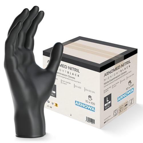 1000 Stück (10x100) ARNOMED Einweghandschuhe Schwarz, Einmalhandschuhe L, Nitril Handschuhe Einweg, Nitrilhandschuhe puderfrei, Gummihandschuhe Einweg, Schutzhandschuhe Nitril in XS, S, M, L, XL, XXL