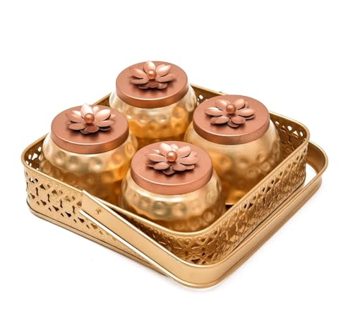 Image of Sanvatsar Square Shape Metal Basket with Jar Tray 4 Copper Flower Container Dry Fruits Chocolate Sweets Candys Gifts Set for Office, Home Decor Table Decoration Item (Pack of 4)