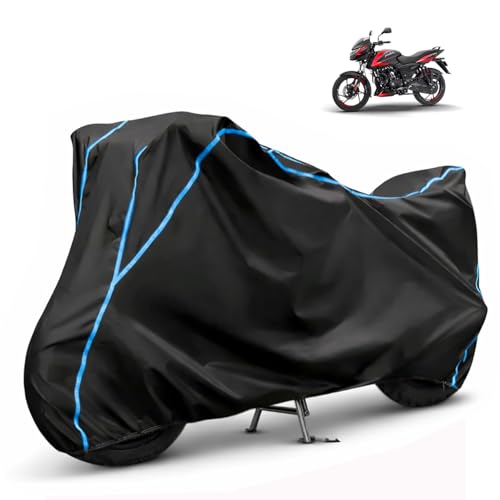 Image of Compatible with Bajaj Pulsar 125 Waterproof Two Wheeler Bike Body Cover Water Resistant, Heavy Duty, UV Rays, Dust & Scratch Protection for All-Modal & Variants (Black,Sky Blue Piping)
