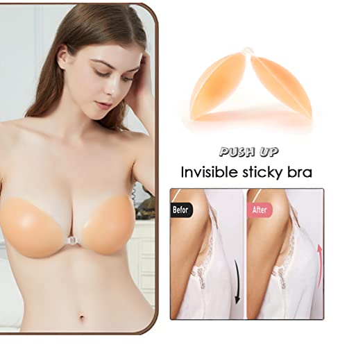 Kiswon Silicone Adhesive Push Up Strapless Bra Invisible Backless Sticky Bra With Nipple Covers For Women Black And Nude #TOP3