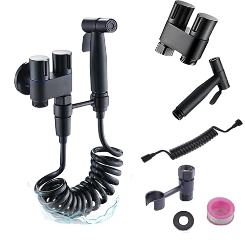 Toilet Faucet Splitter 2-Way Double Faucet Adapter, Jarler Handheld 1-in-2-Out Dual Control Valve Bidet Sprayer, Stainless Steel & Brass, Black, Bathroom Accessory (Black)