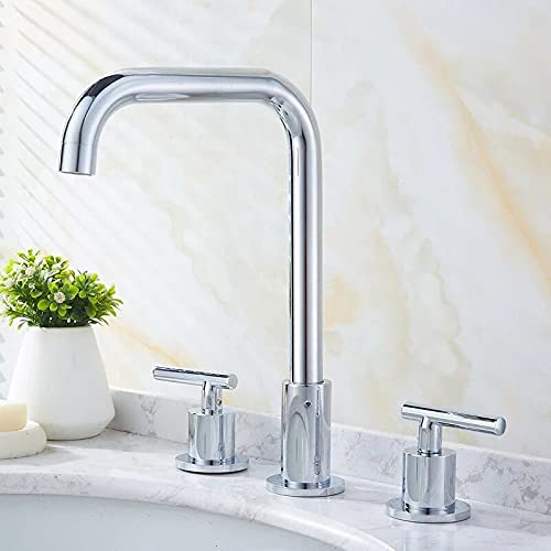 NURUGURE Bathroom Basin Faucet, Chrome Black Gold Bathroom Basin Faucet Widespread Hot Cold Mixer Tap for Vanity Sink