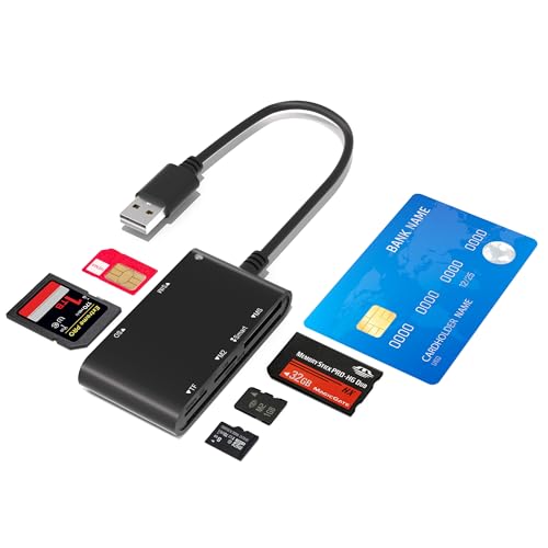 Sim Card Reader CAC Smart Card Reader Military, 6 in 1 DOD Military USB Common Access/SIM/SD/TF/MS/M2/ID/IC Card Adapter, USB A Sim Card Adapter Compatible with Windows, Linux/Unix, MacOS X