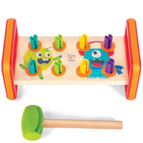 Hape: Monster Match 'n' Smash Hammer Bench - Wooden Toy, Playful Monster Design, 8 Colored Pegs to Pound, Carry Handles, Kids & Toddlers Ages 18mo+