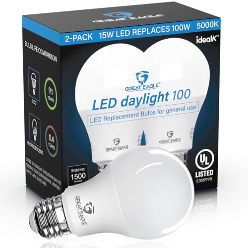 Great Eagle Lighting 100 Watt LED Light Bulbs Equivalent, 5000K Daylight, A19 E26 Medium Base Bulb, 1500 Lumens, Non-Dimmable, Damp Rated for Indoor and Covered Outdoor Porch and Garage Use, 2 Pack