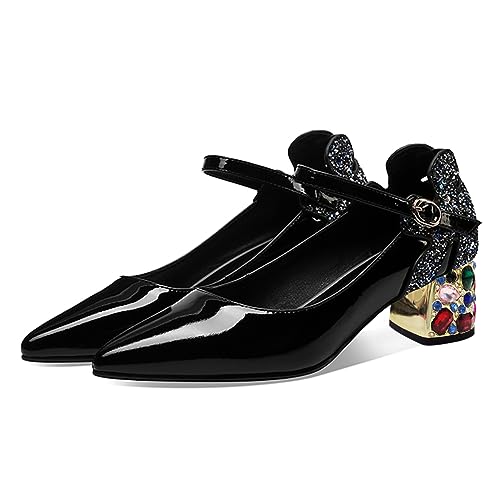 YDN Women Sexy Sparkly Flower Pumps Pointed Closed Toe Buckle Ankle Strap Contrast Stitching Rhinestone Block Low Heels Shoes Prom Shopping Party Size 4-16 US3