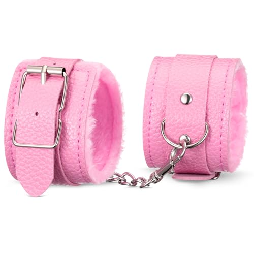 SATINIOR Fesseln Handschellen mit 2 Schlüsseln Plüsch Handschellen für Sexspielzeug für Paare Polizei Kostüm Accessoires für Halloween Party Cosplay Zubehör(Leder Stil,Rosa)