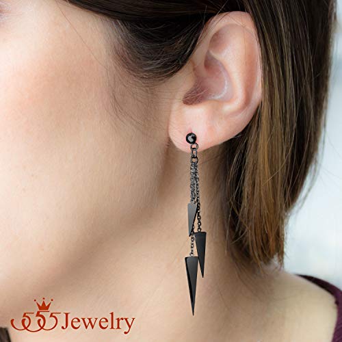 555Jewelry Womens Stainless Steel Triple Triangle Dangle Stylish Chain Chandelier Edgy Drop Post Stud Push Back Girls Ladies Teenagers Party Jewelry Fashion Accessory Earrings, Black #TOP1