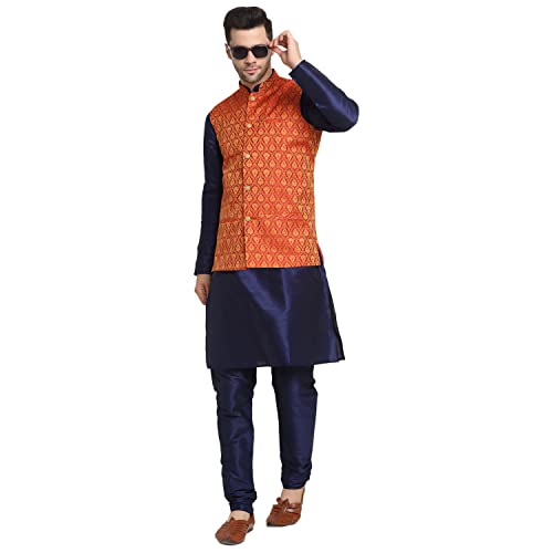 Image of KRAFT INDIA Mens Gold Silk Blend Kurta and Churidar Set With Jacquard Paisley Nehru Jacket