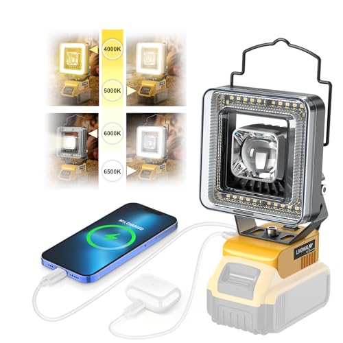LIVOWALNY Cordless LED Work Light for Dewalt 20v Battery, 60W 6000 Lumens LED Flood Light, 4 Color Temperature Modes Portable Battery Light Spotlight Flashlight Flash Light for Camping, Reading