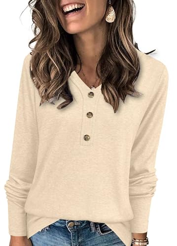 XMTOPYE Womens Lightweight Sweaters V Neck Button Long Sleeve Tunic Fall Winter Blouse Apricot
