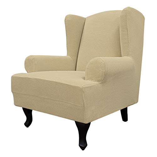 Image of Easy-Going Stretch Large Wingback Chair Sofa Slipcover Beige | 1-Piece Sofa Cover Furniture Protector Couch Soft with Bottom, Spandex Jacquard